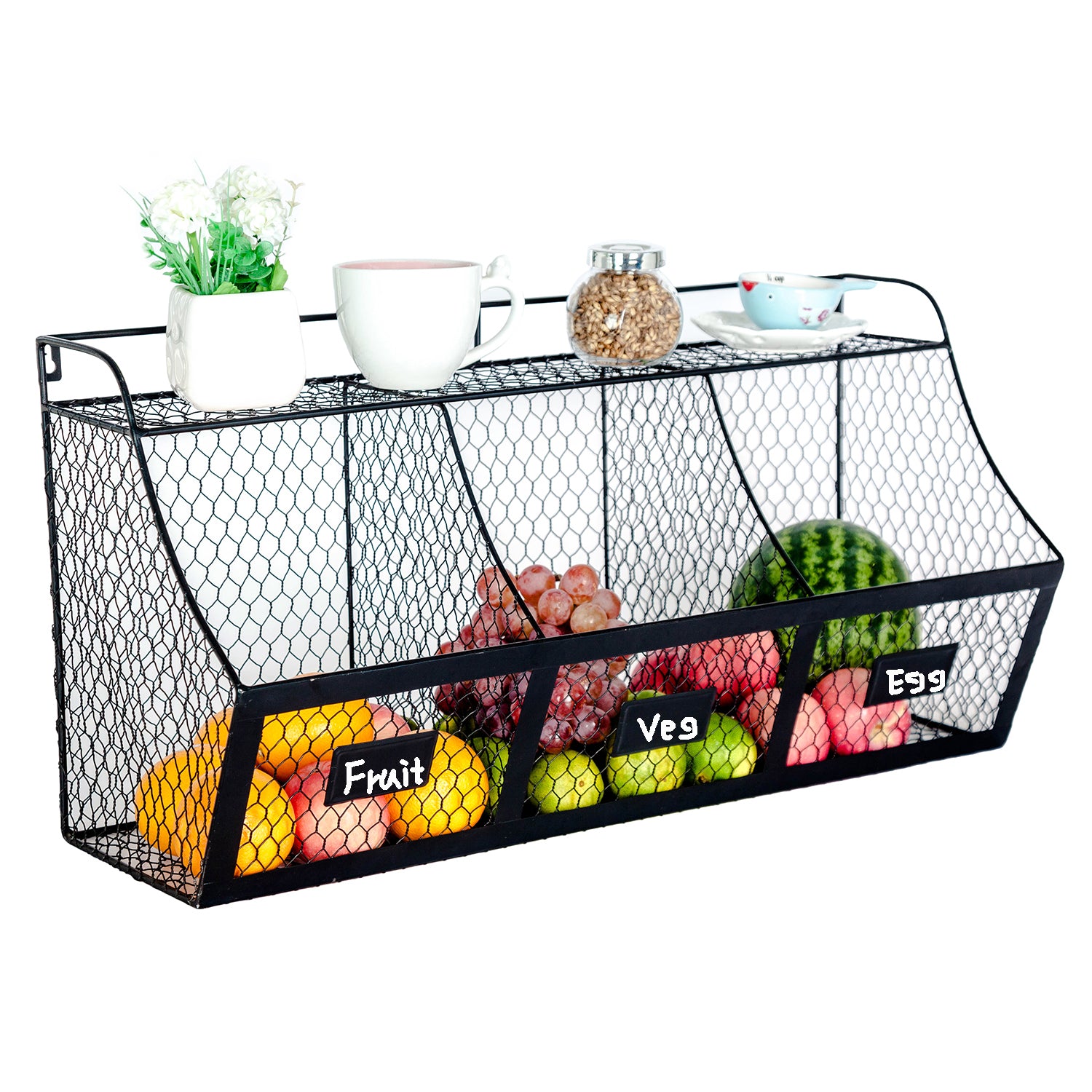 K-Cliffs Metal Kitchen Basket 3 Compartment Wall Mount Grocery Storage Rack  Countertop Free Standing Large Produce Fruit Hanging Organizer, image size:1500x1500