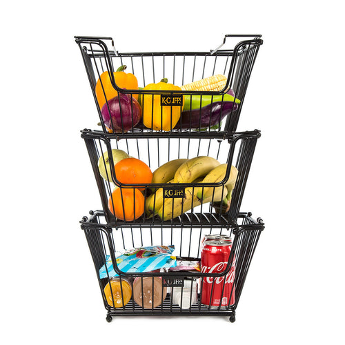 K-Cliffs 3 Tier Metal Storage Basket Heavy Duty Kitchen Produce Organizer Pantry Grocery Fruit Holder Store Bakery Bread Display Rack Brushed Antique Black