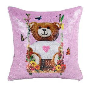 K-Cliffs 16"x16" Shiny Bear Sequin Reversible Magic Decorative Throw Pillow