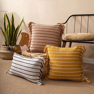 Multi Sized Stitch Line Woven Fringe Cotton Decorative Throw Pillow