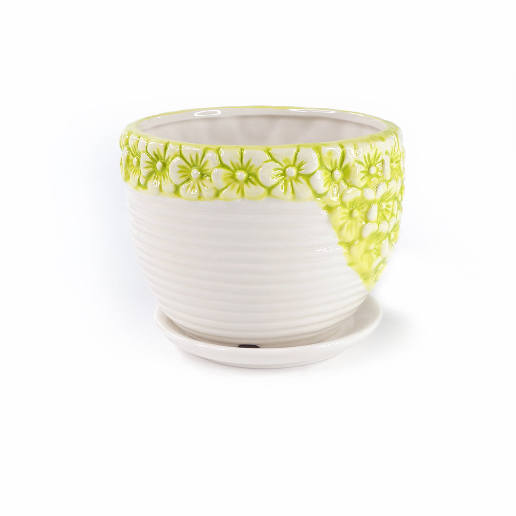 K-Cliffs Lime Yellow Daisies Triple Ceramic Planter Pot 3 Set w/ Water Draining Hole and Saucer (Plants not included)