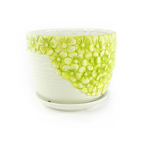 K-Cliffs Lime Yellow Daisies Triple Ceramic Planter Pot 3 Set w/ Water Draining Hole and Saucer (Plants not included)