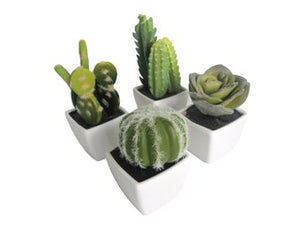 K-Cliffs Artificial Mini Succulent 3" to 5" Green Cactus Plants in White Ceramic Cube Shape Pot 4pcs Set