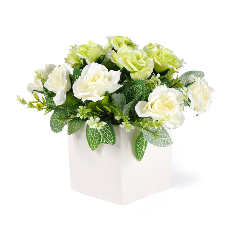 Beautiful Elegant Home Decor Faux Rose Wedding Centerpiece Gift Handmade Arrangement in White Vase
